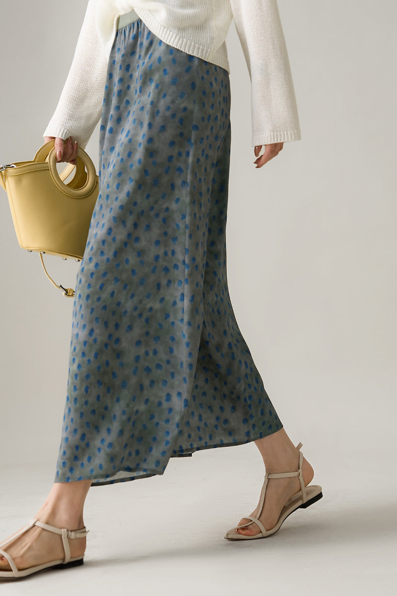 100% Silk Polka Dot Crepe Midi Skirt
