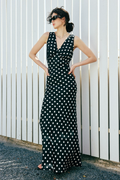 100% Silk Polka Dot V-Neck Crepe Maxi Dress