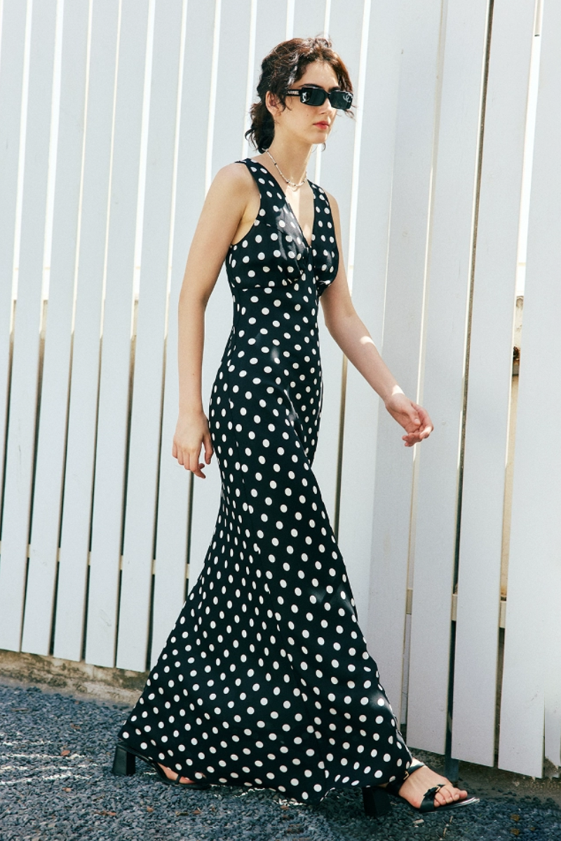 100% Silk Polka Dot V-Neck Crepe Maxi Dress