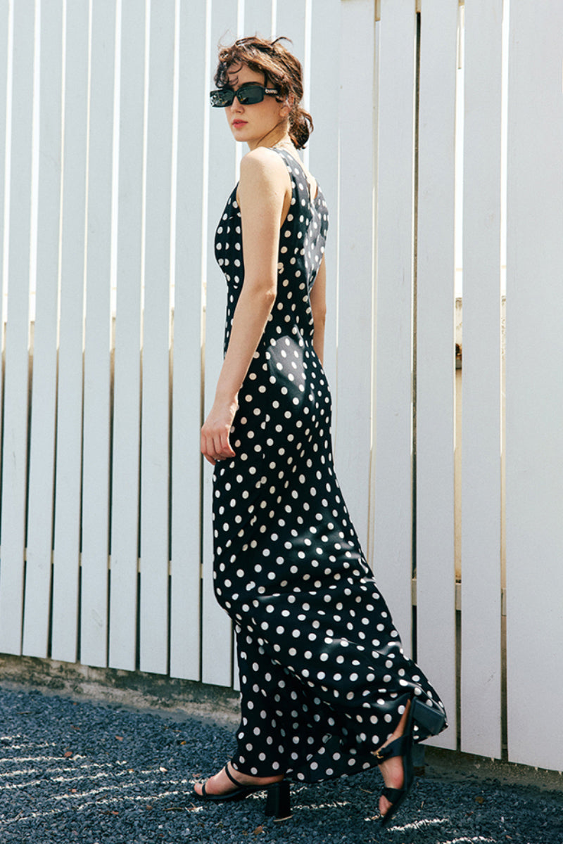 100% Silk Polka Dot V-Neck Crepe Maxi Dress