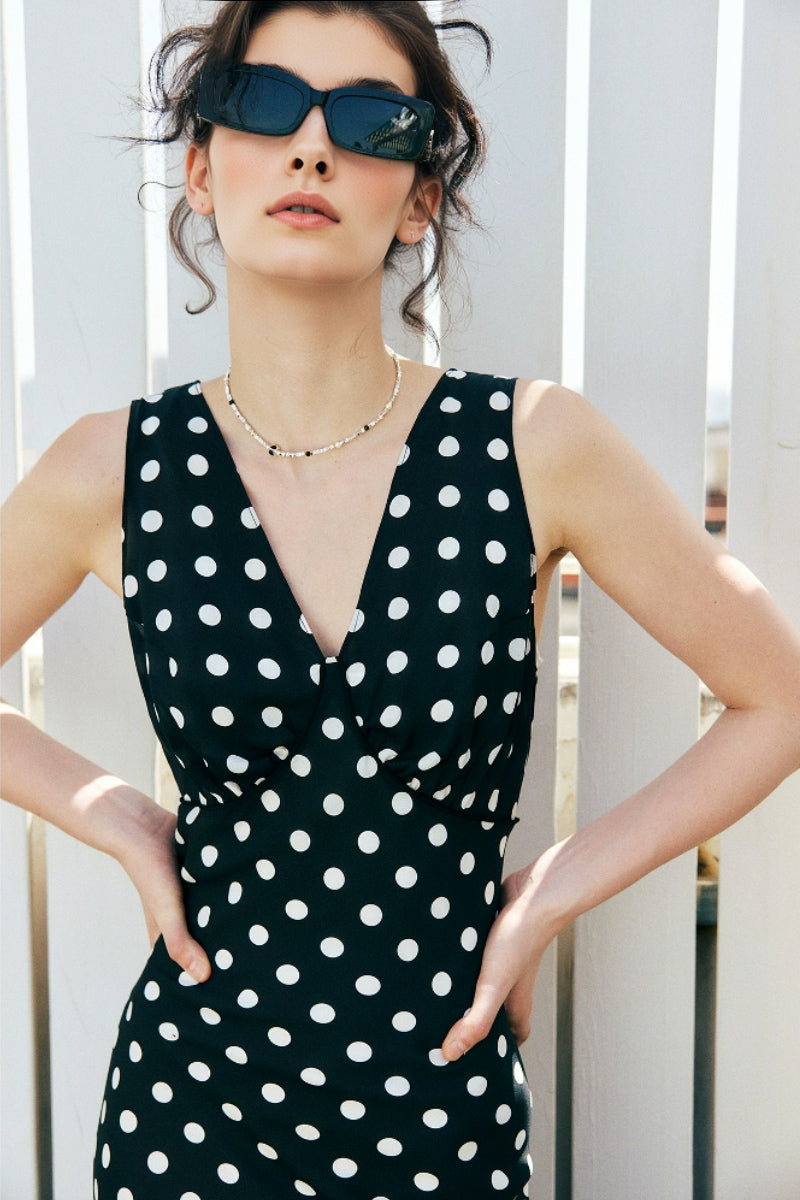 100% Silk Polka Dot V-Neck Crepe Maxi Dress