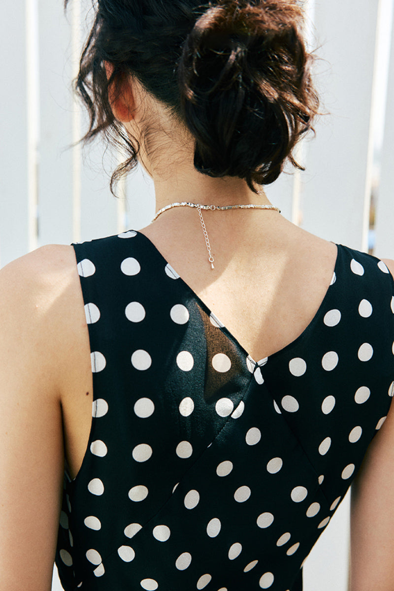 100% Silk Polka Dot V-Neck Crepe Maxi Dress