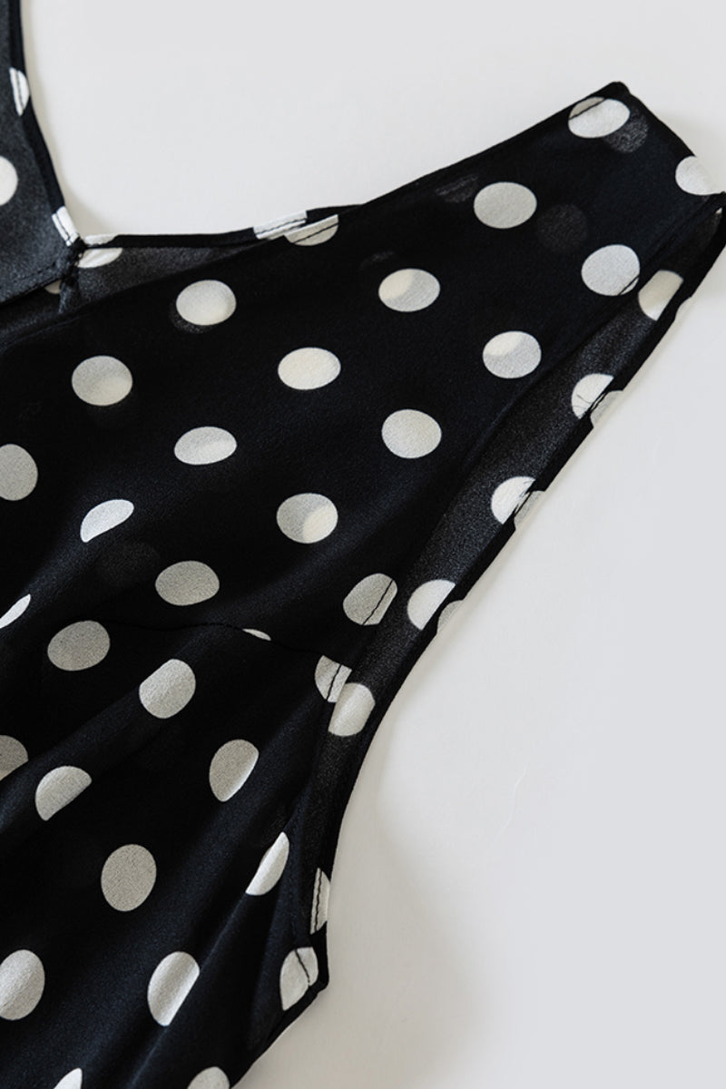100% Silk Polka Dot V-Neck Crepe Maxi Dress