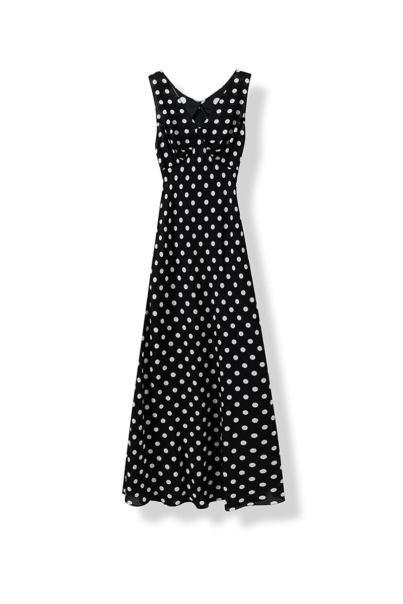 100% Silk Polka Dot V-Neck Crepe Maxi Dress