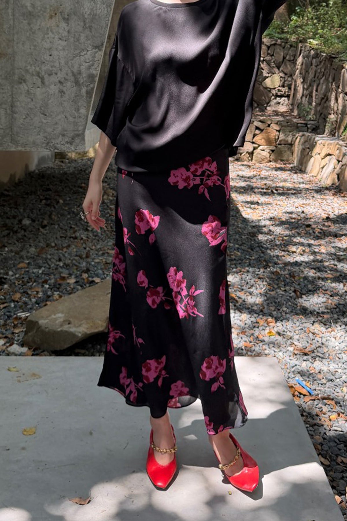 100% Silk Printed A-Line Flowy Midi Skirt