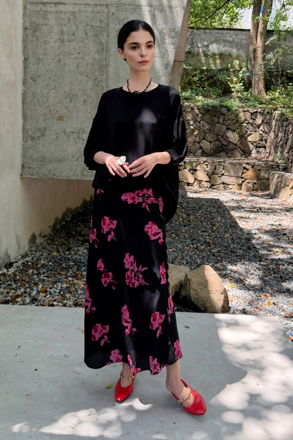 100% Silk Printed A-Line Flowy Midi Skirt