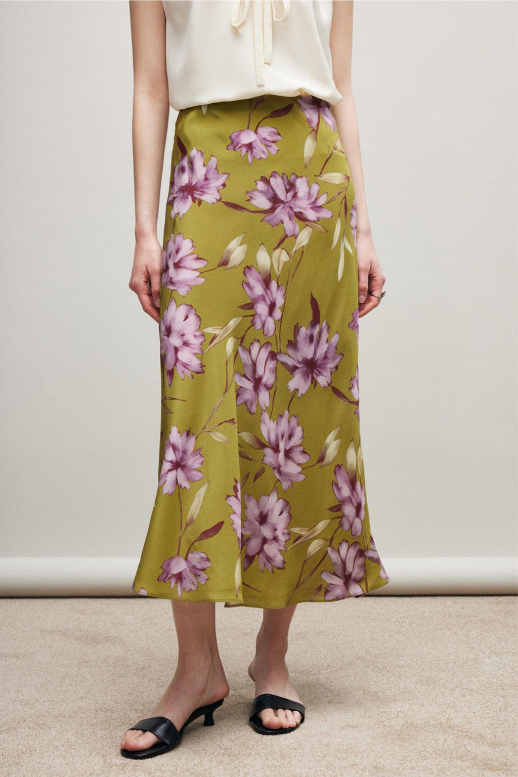 100% Silk Printed A-Line Flowy Midi Skirt