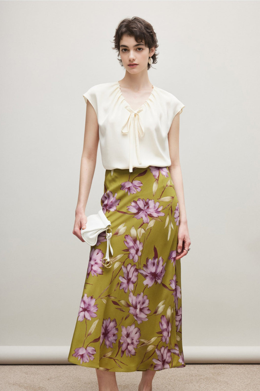 100% Silk Printed A-Line Flowy Midi Skirt