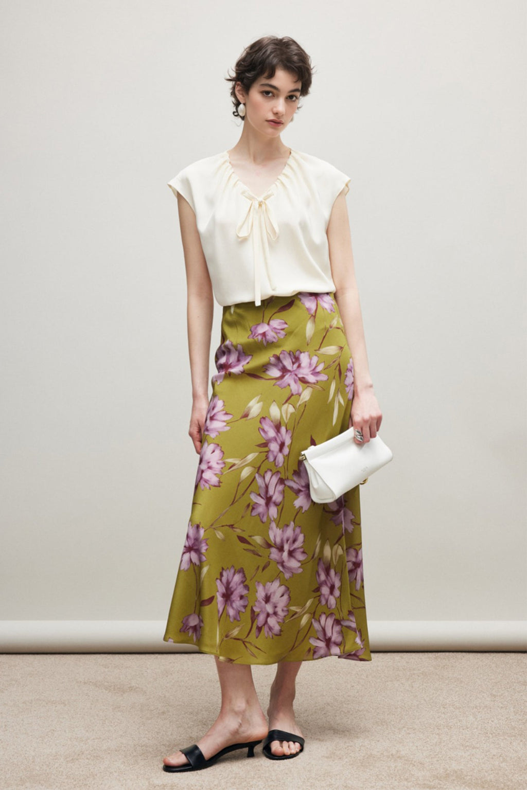 100% Silk Printed A-Line Flowy Midi Skirt