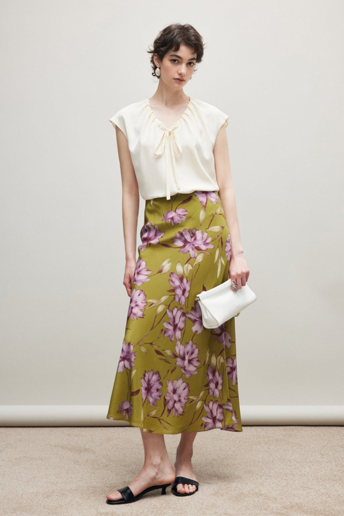 100% Silk Printed A-Line Flowy Midi Skirt