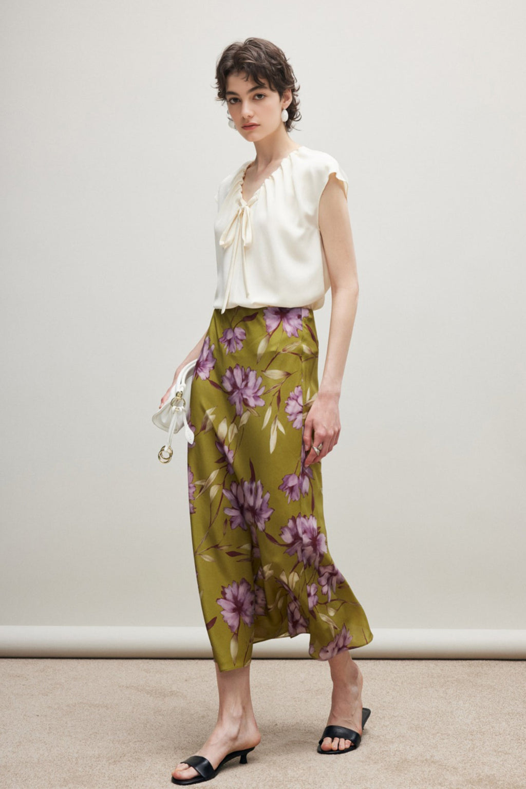 100% Silk Printed A-Line Flowy Midi Skirt