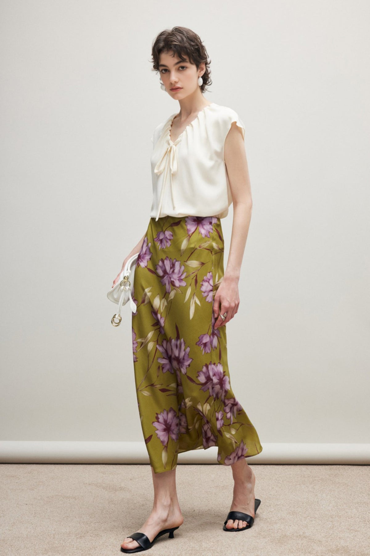 100% Silk Printed A-Line Flowy Midi Skirt