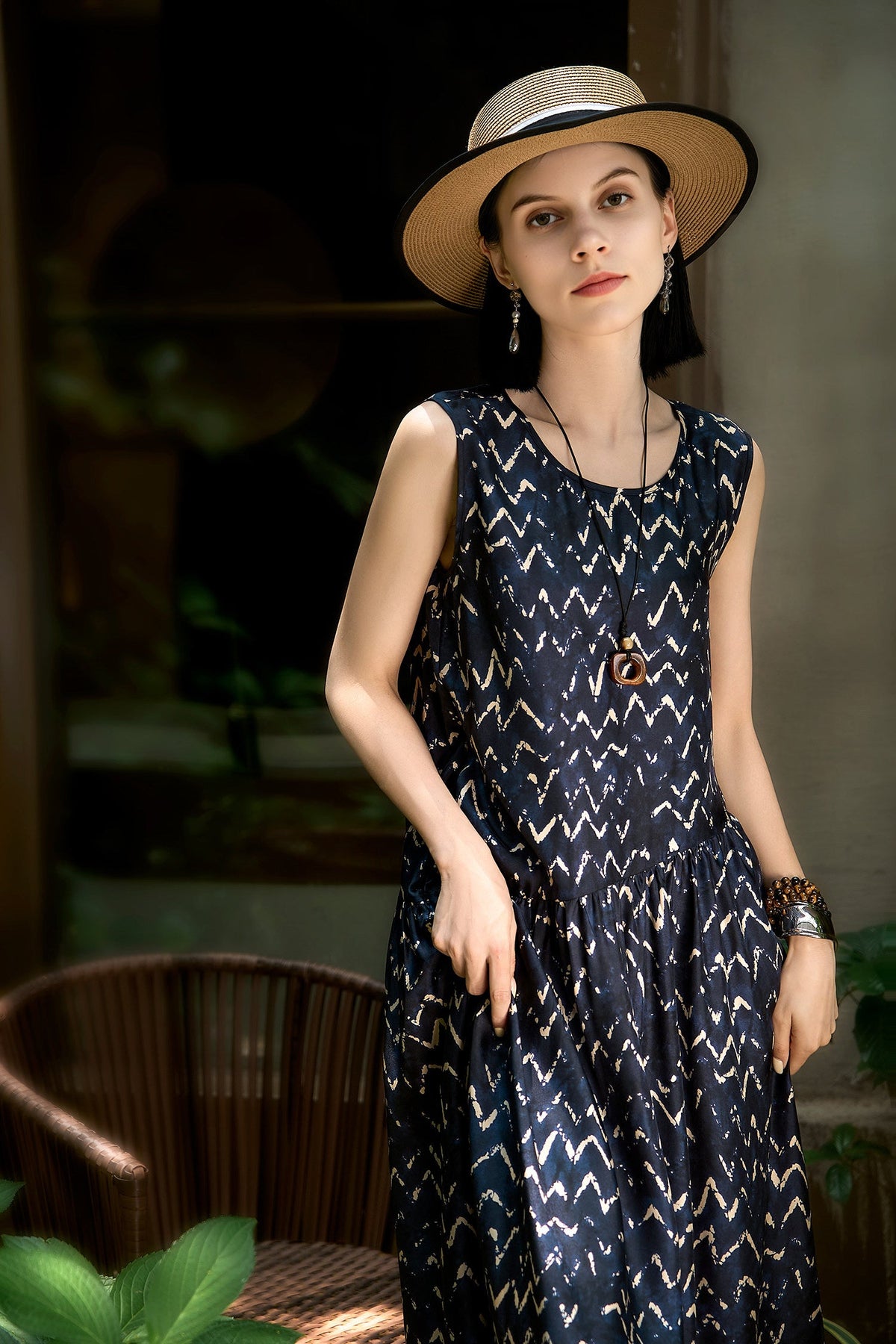 100% Silk Twill Printed Trapeze Midi Dress