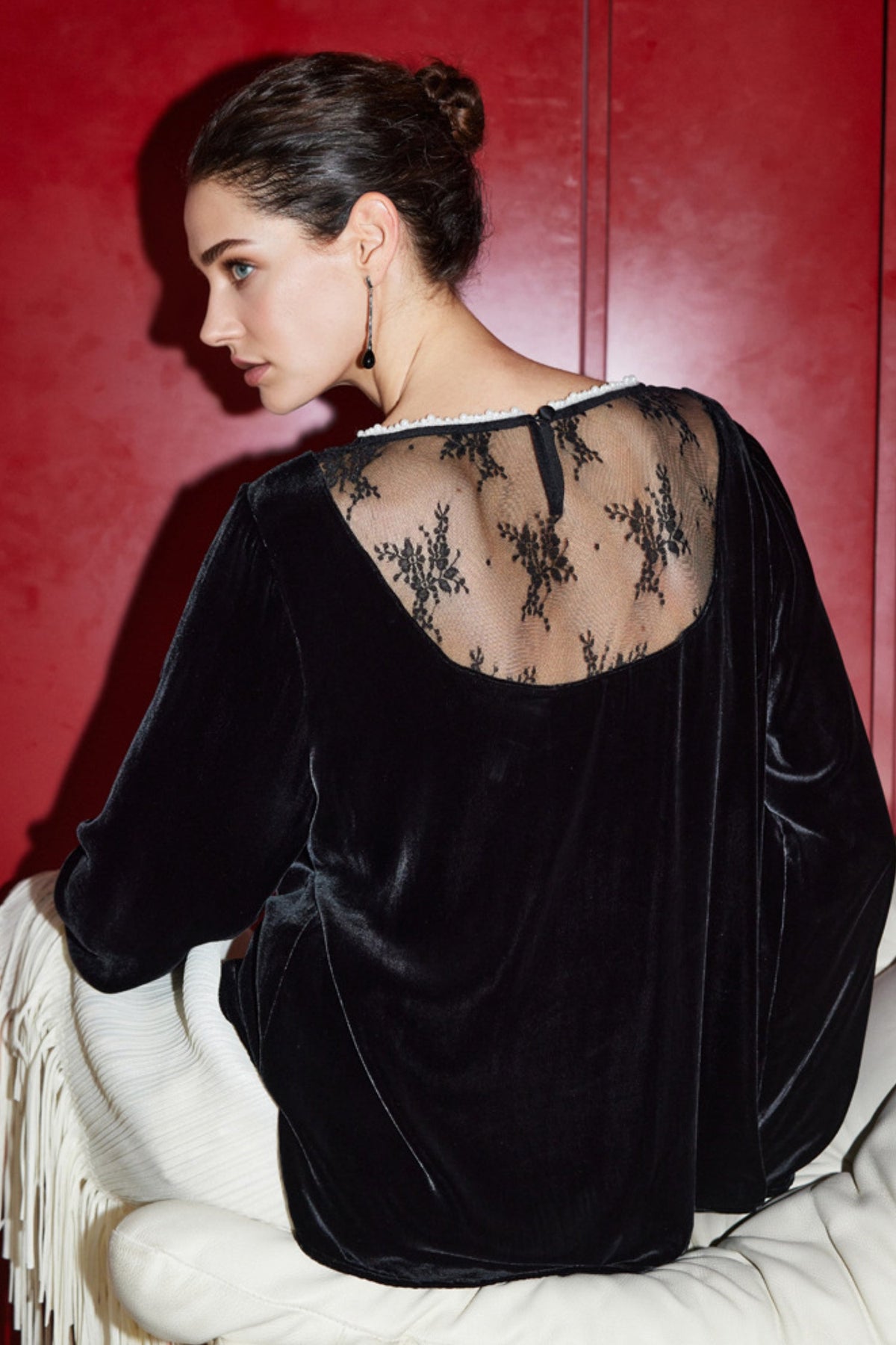 100% Silk Velvet Beaded Neckline Blouse with Floral Burnout Back
