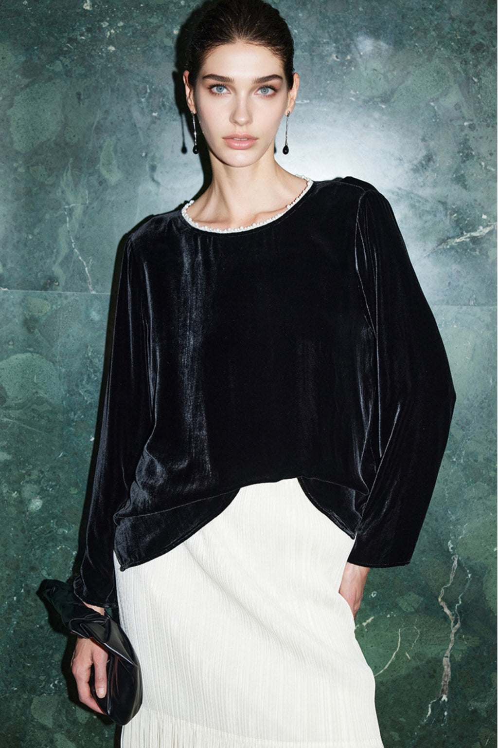 100% Silk Velvet Beaded Neckline Blouse with Floral Burnout Back