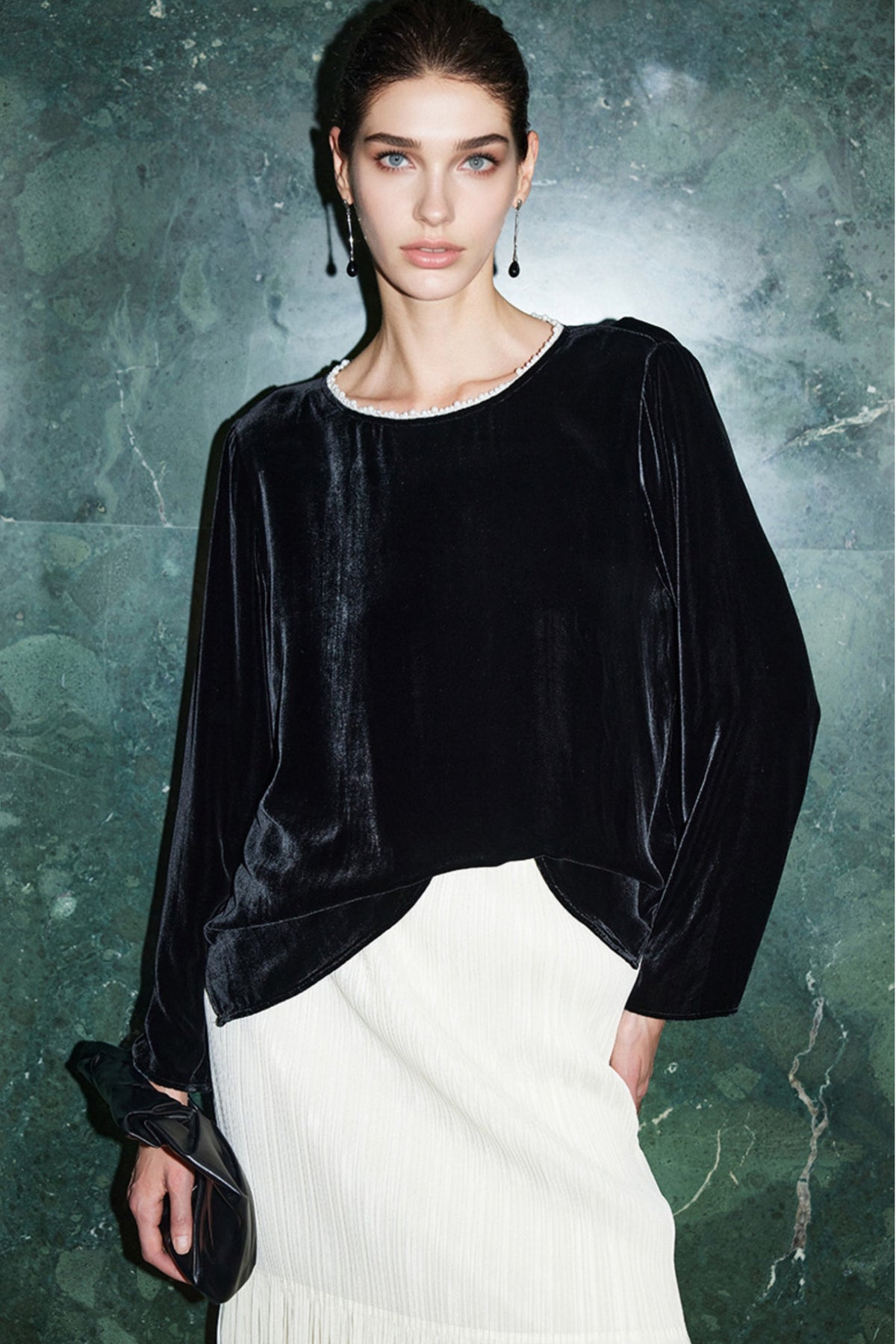 100% Silk Velvet Beaded Neckline Blouse with Floral Burnout Back