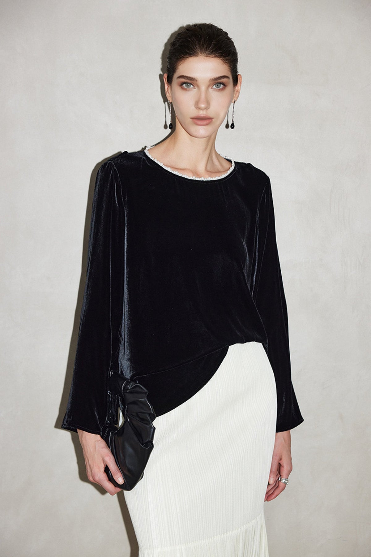 100% Silk Velvet Beaded Neckline Blouse with Floral Burnout Back