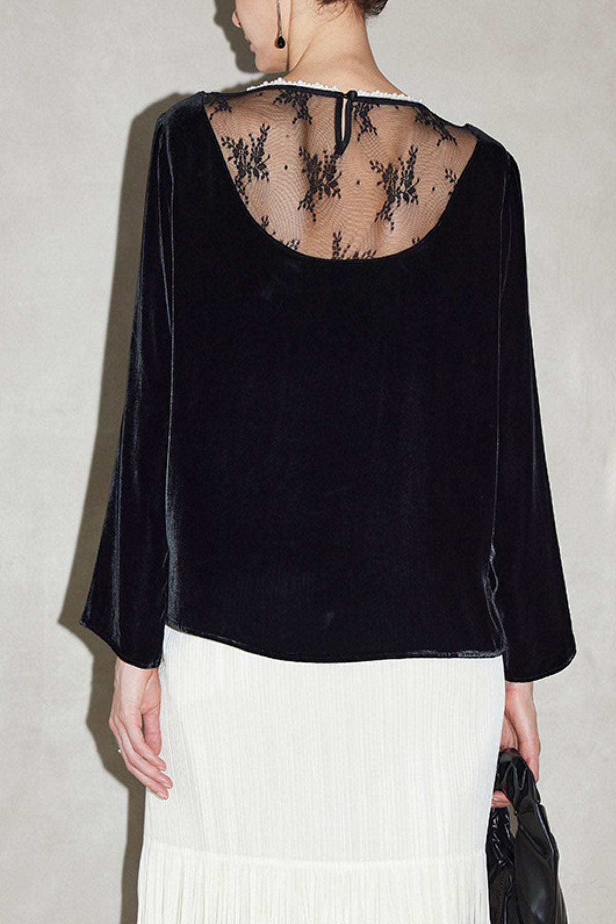 100% Silk Velvet Beaded Neckline Blouse with Floral Burnout Back