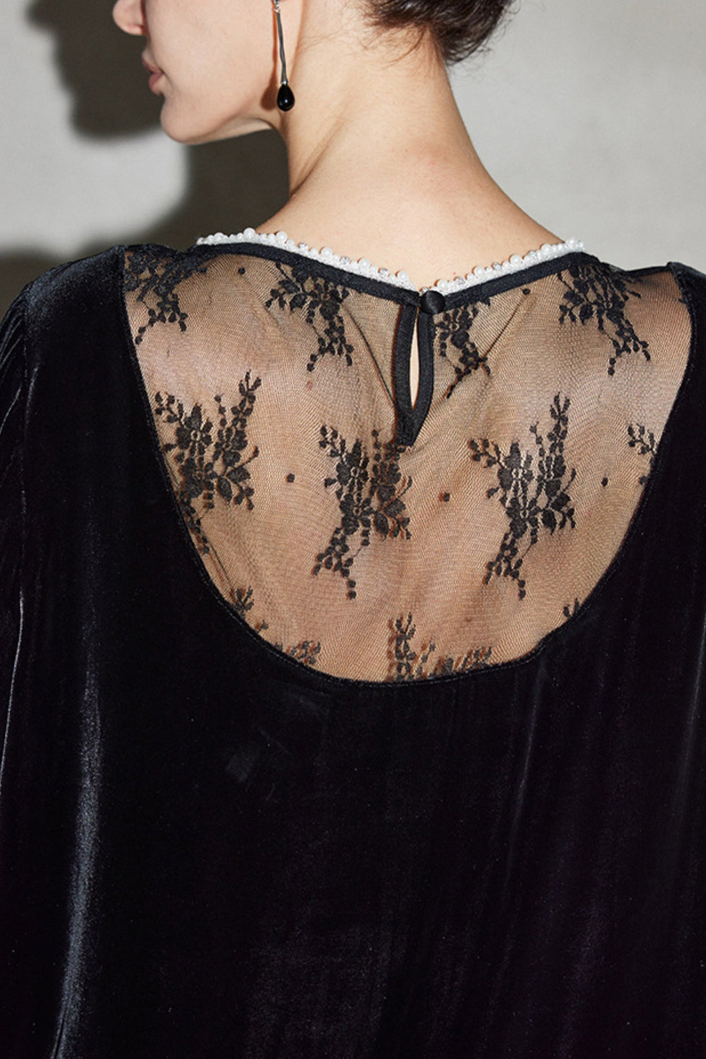 100% Silk Velvet Beaded Neckline Blouse with Floral Burnout Back