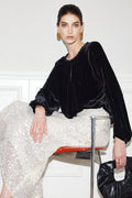 100% Silk Velvet Beaded Neckline Blouse with Keyhole Back