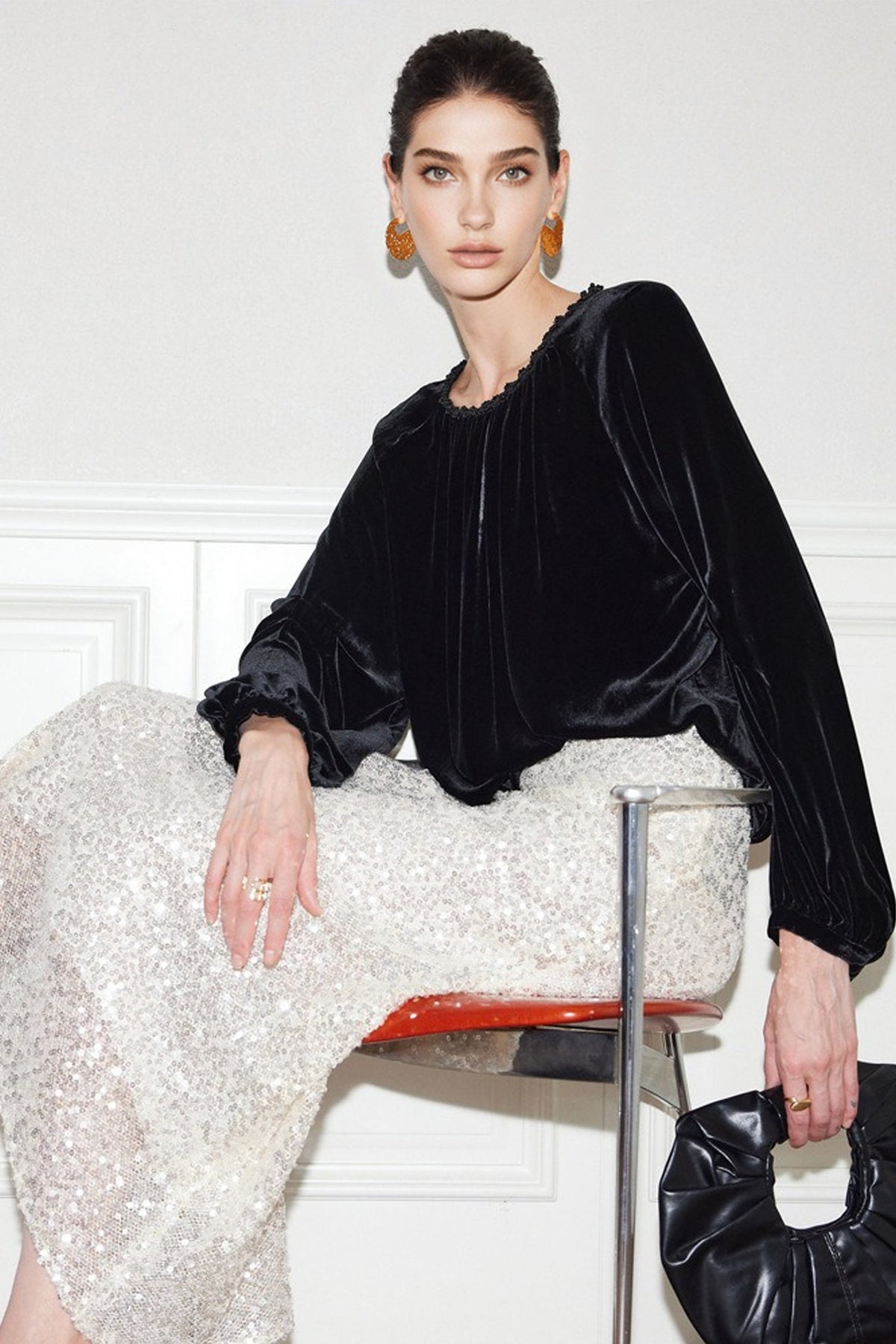 100% Silk Velvet Beaded Neckline Blouse with Keyhole Back
