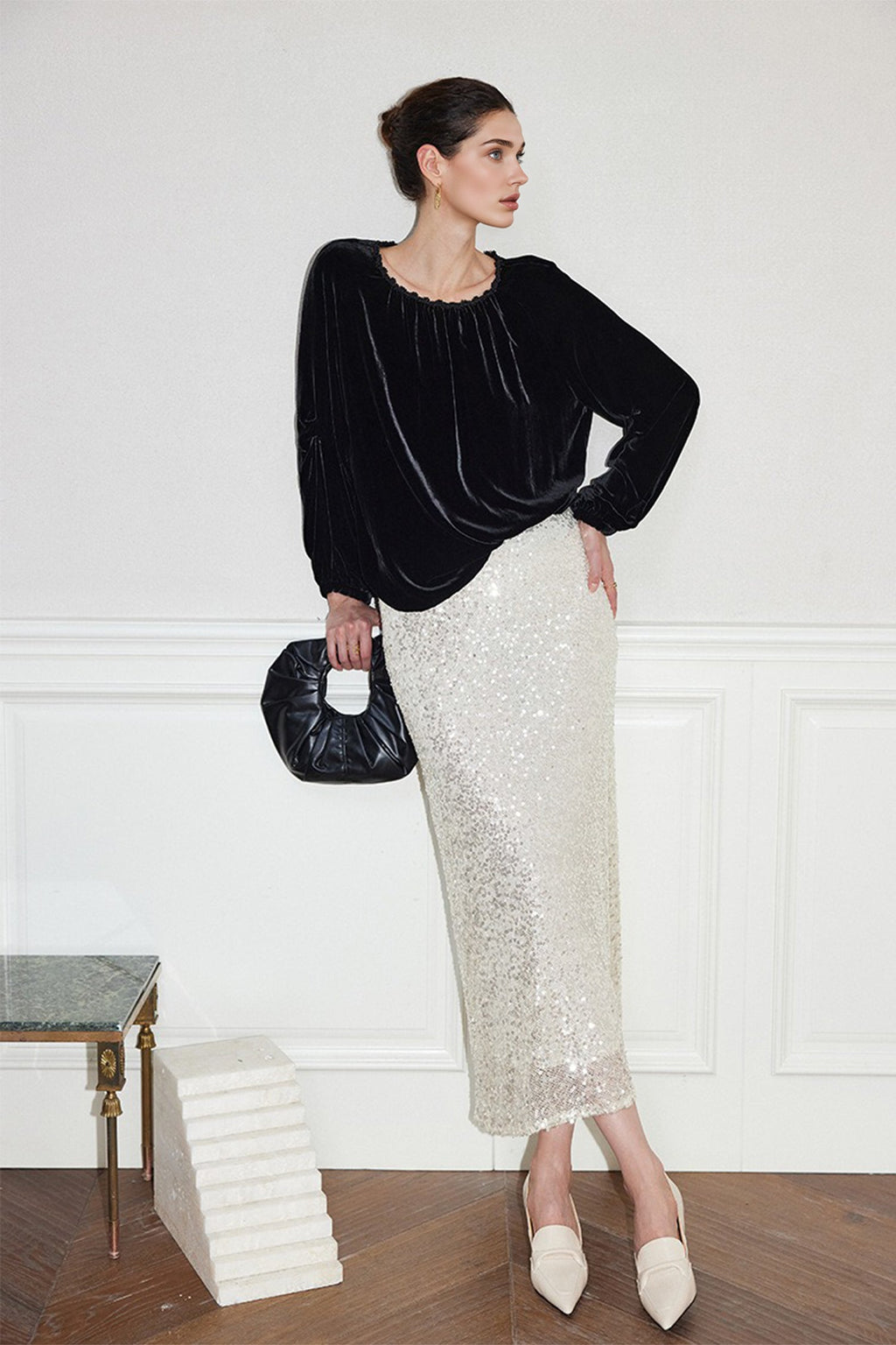 100% Silk Velvet Beaded Neckline Blouse with Keyhole Back