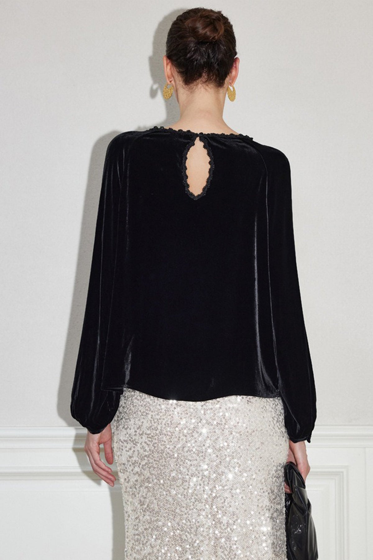 100% Silk Velvet Beaded Neckline Blouse with Keyhole Back