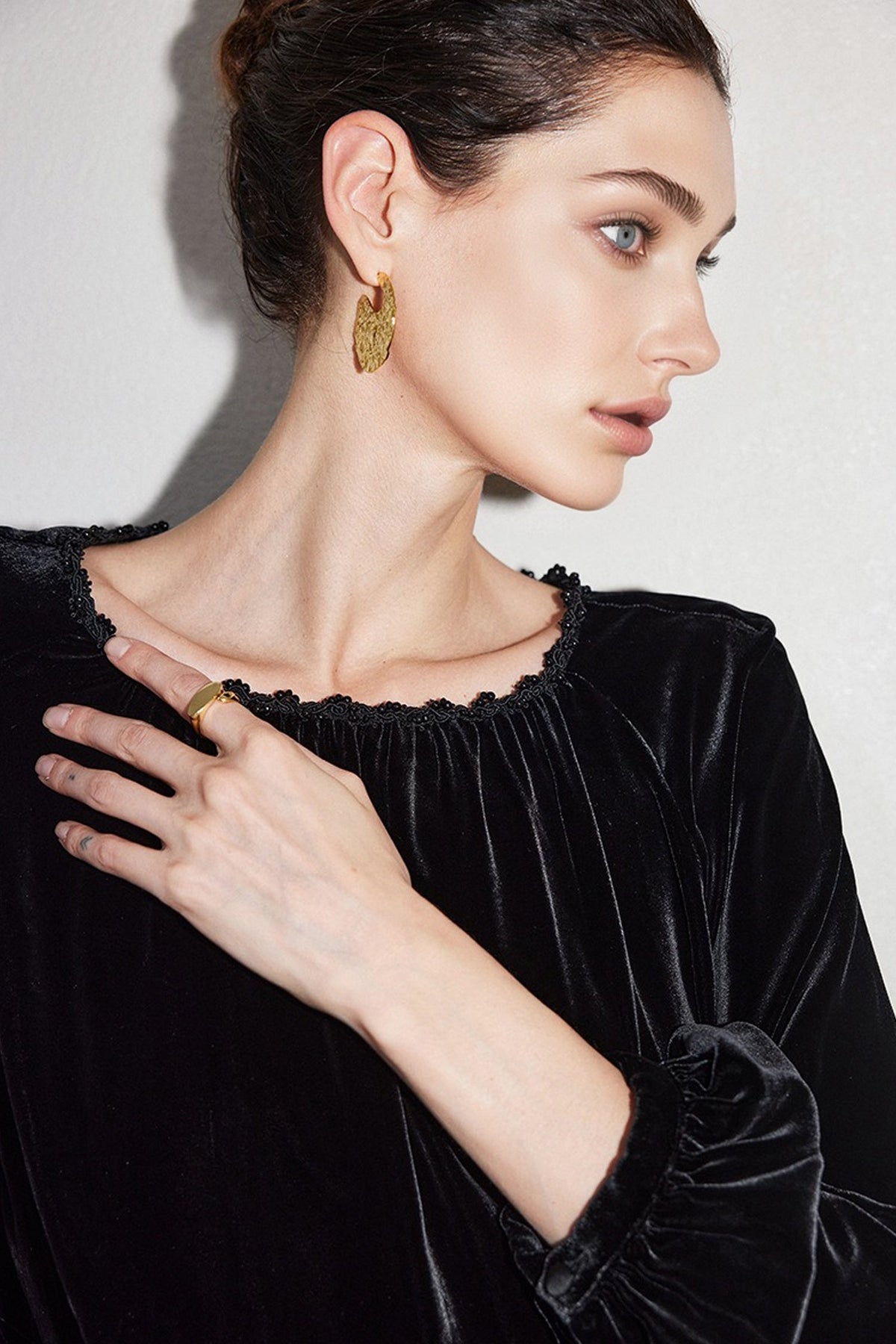 100% Silk Velvet Beaded Neckline Blouse with Keyhole Back