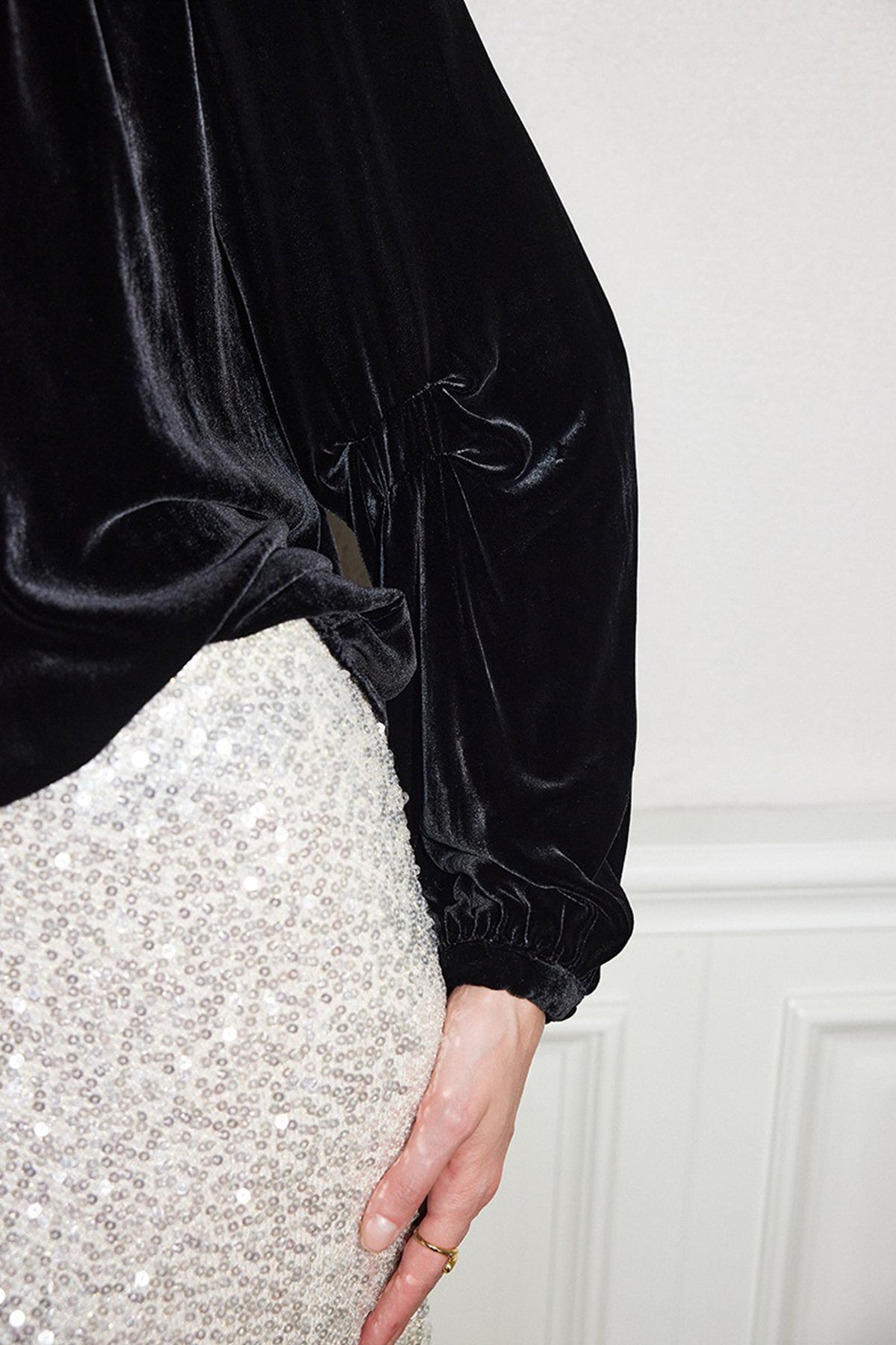 100% Silk Velvet Beaded Neckline Blouse with Keyhole Back