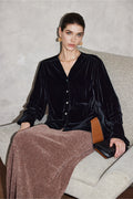 100% Silk Velvet Button-Up V-Neck Blouse