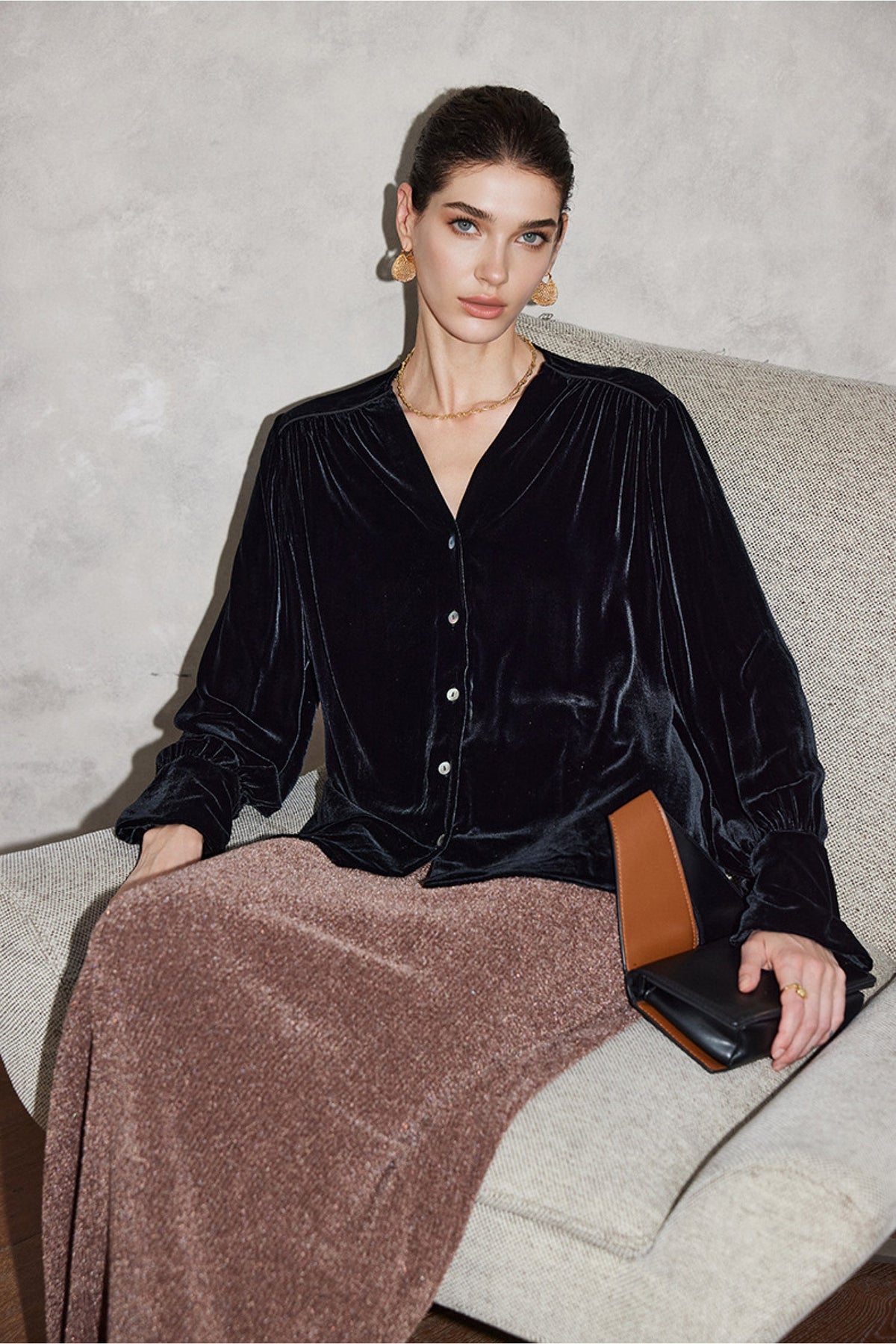 100% Silk Velvet Button-Up V-Neck Blouse