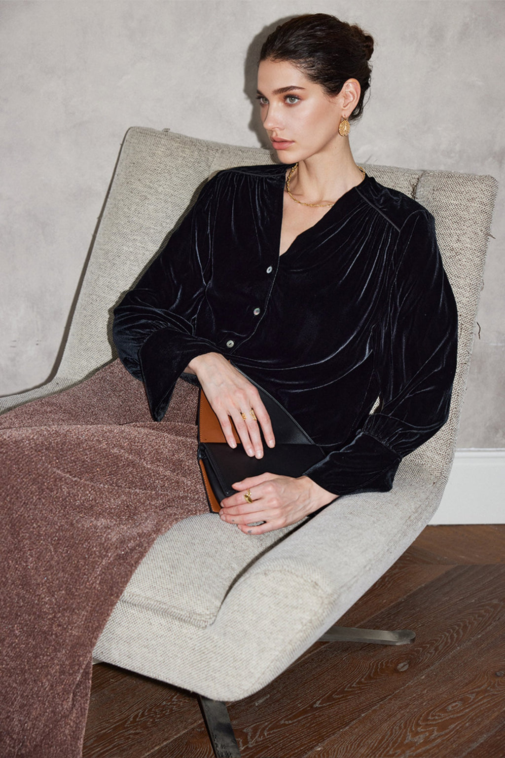 100% Silk Velvet Button-Up V-Neck Blouse