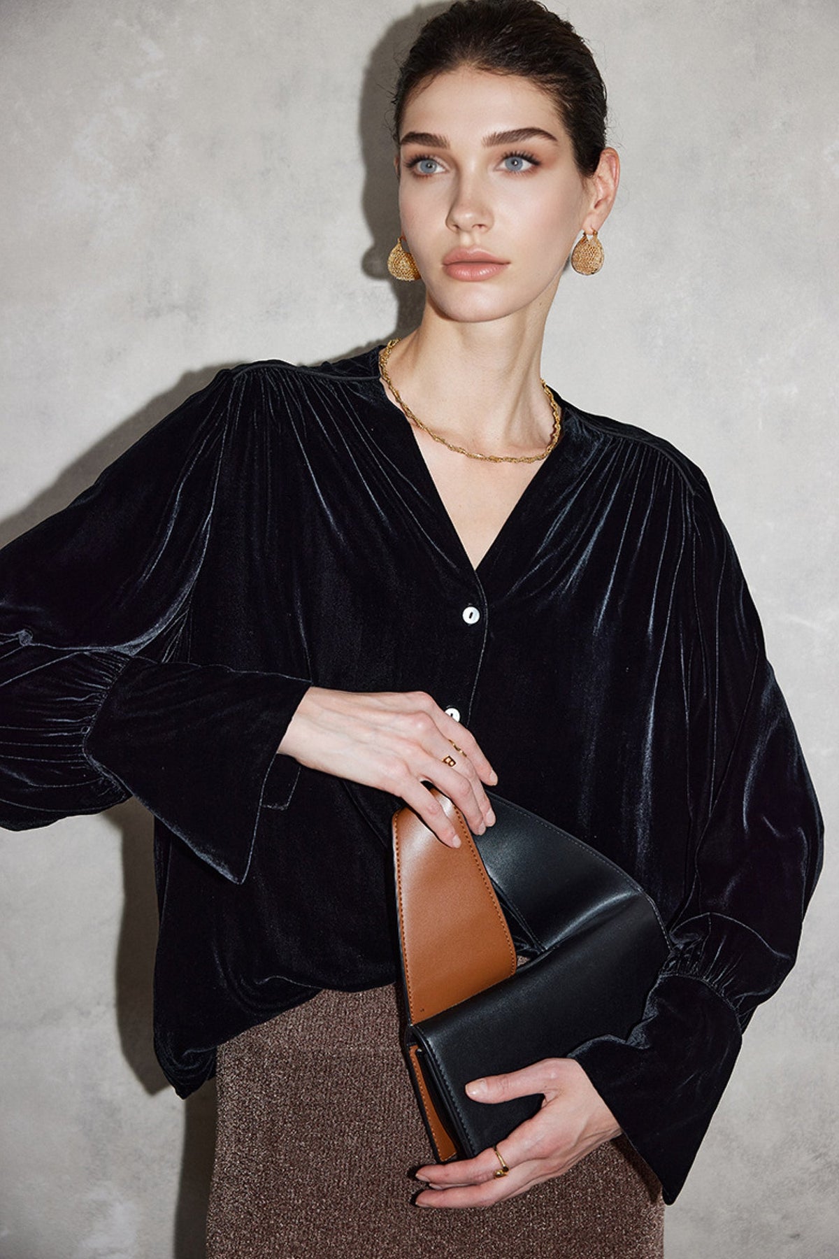 100% Silk Velvet Button-Up V-Neck Blouse