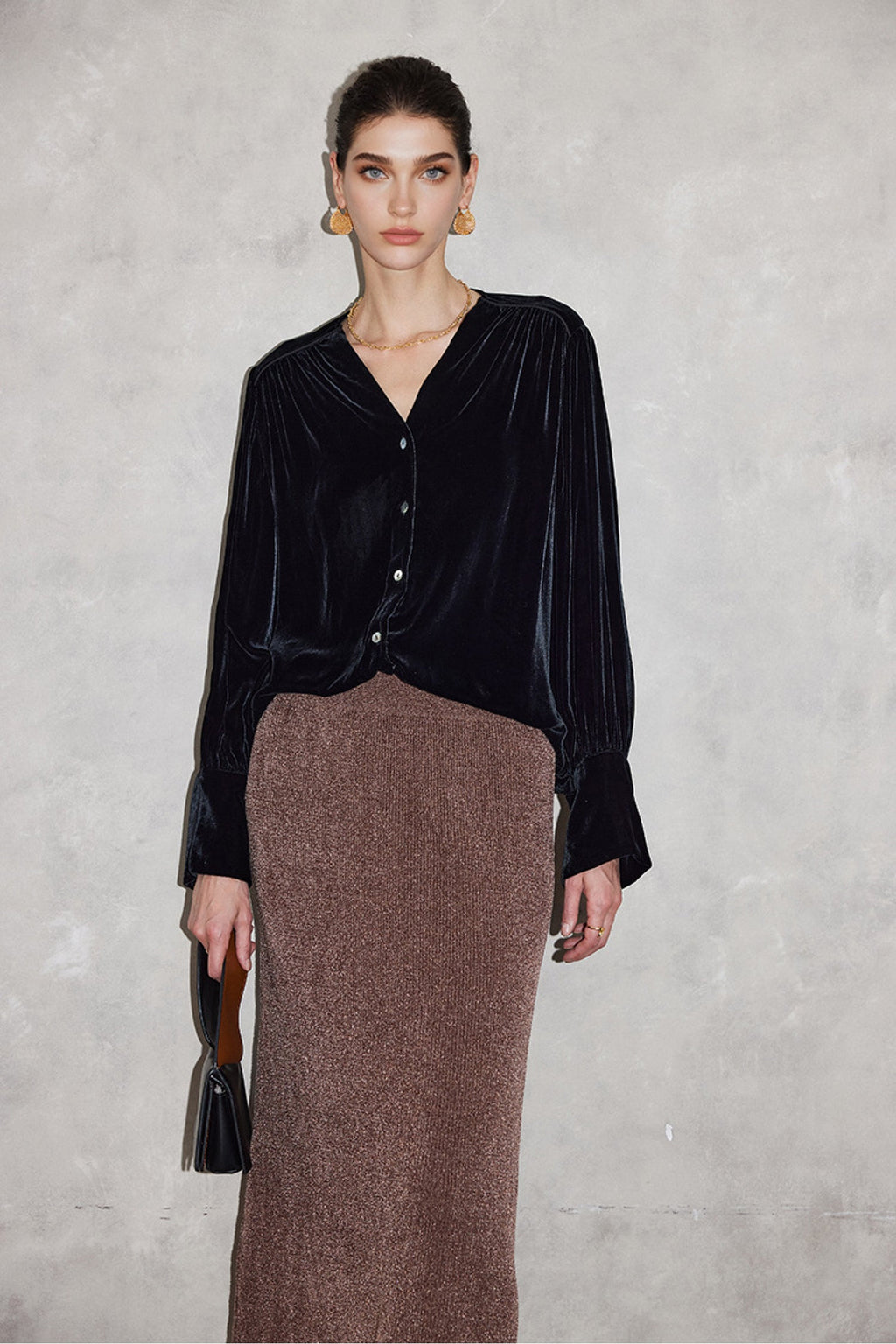 100% Silk Velvet Button-Up V-Neck Blouse