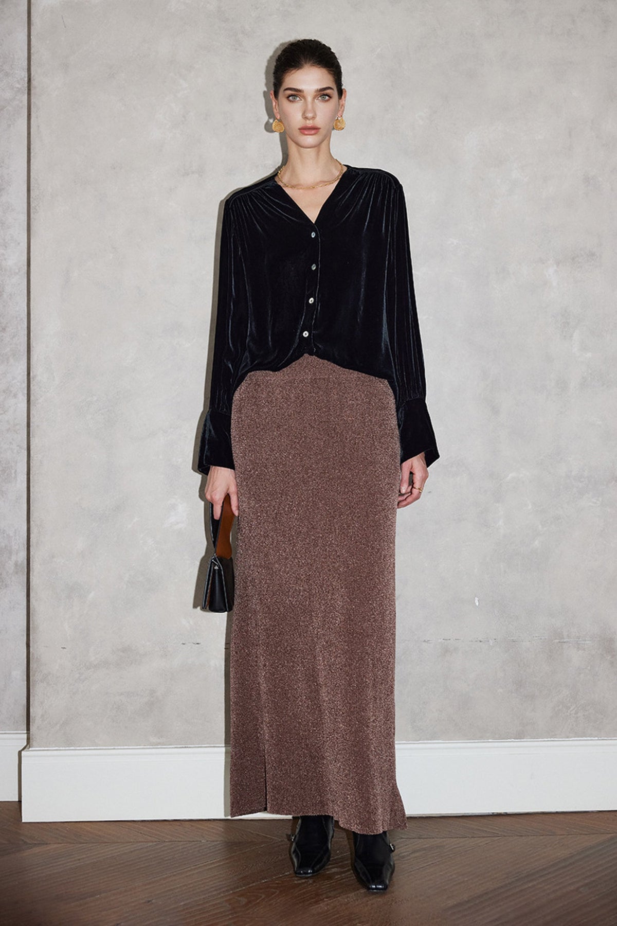 100% Silk Velvet Button-Up V-Neck Blouse