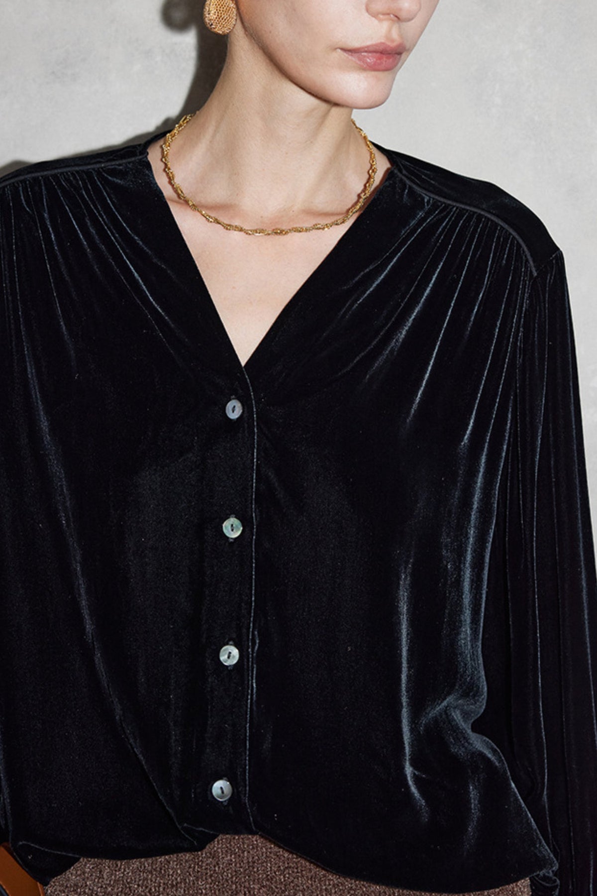 100% Silk Velvet Button-Up V-Neck Blouse