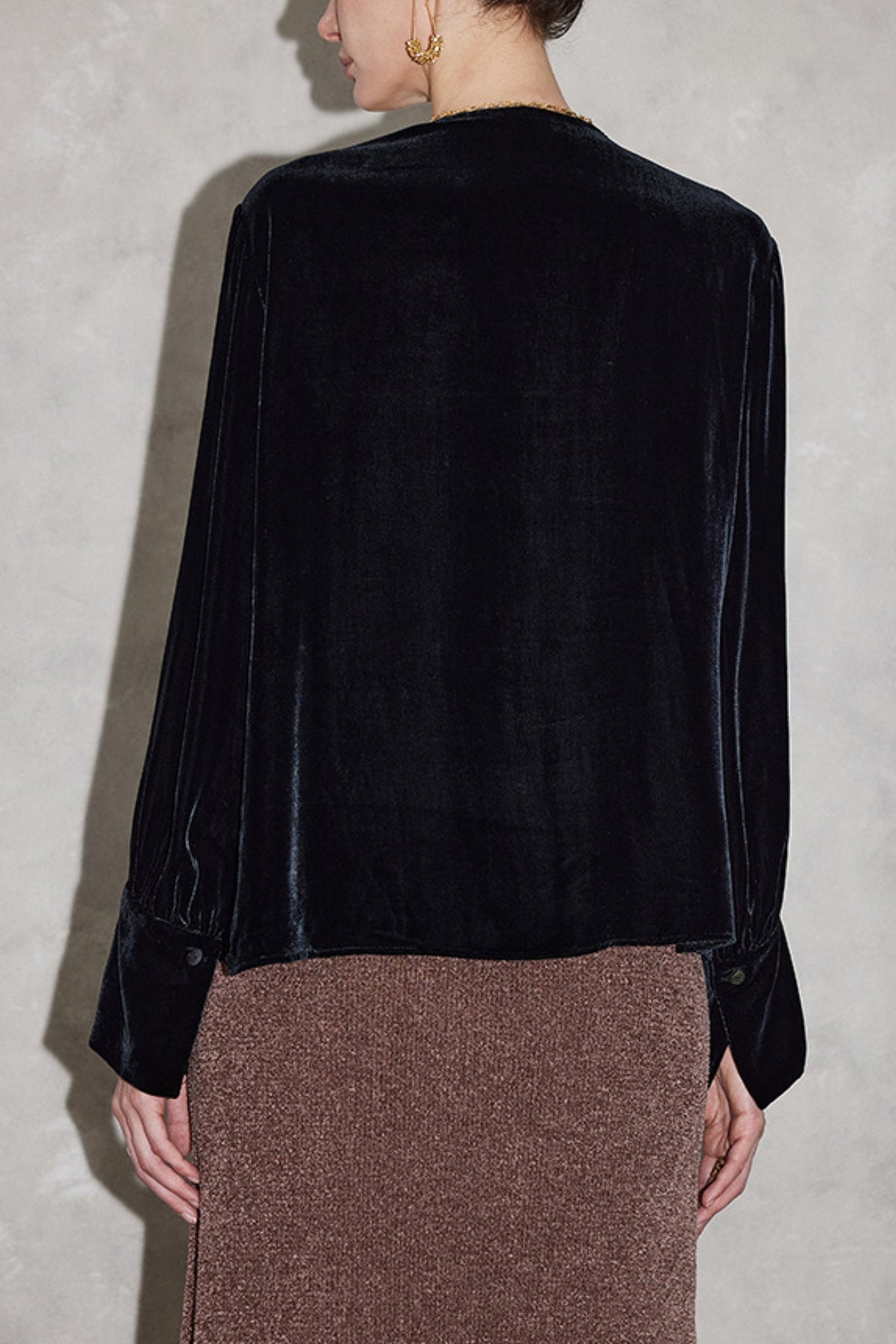 100% Silk Velvet Button-Up V-Neck Blouse