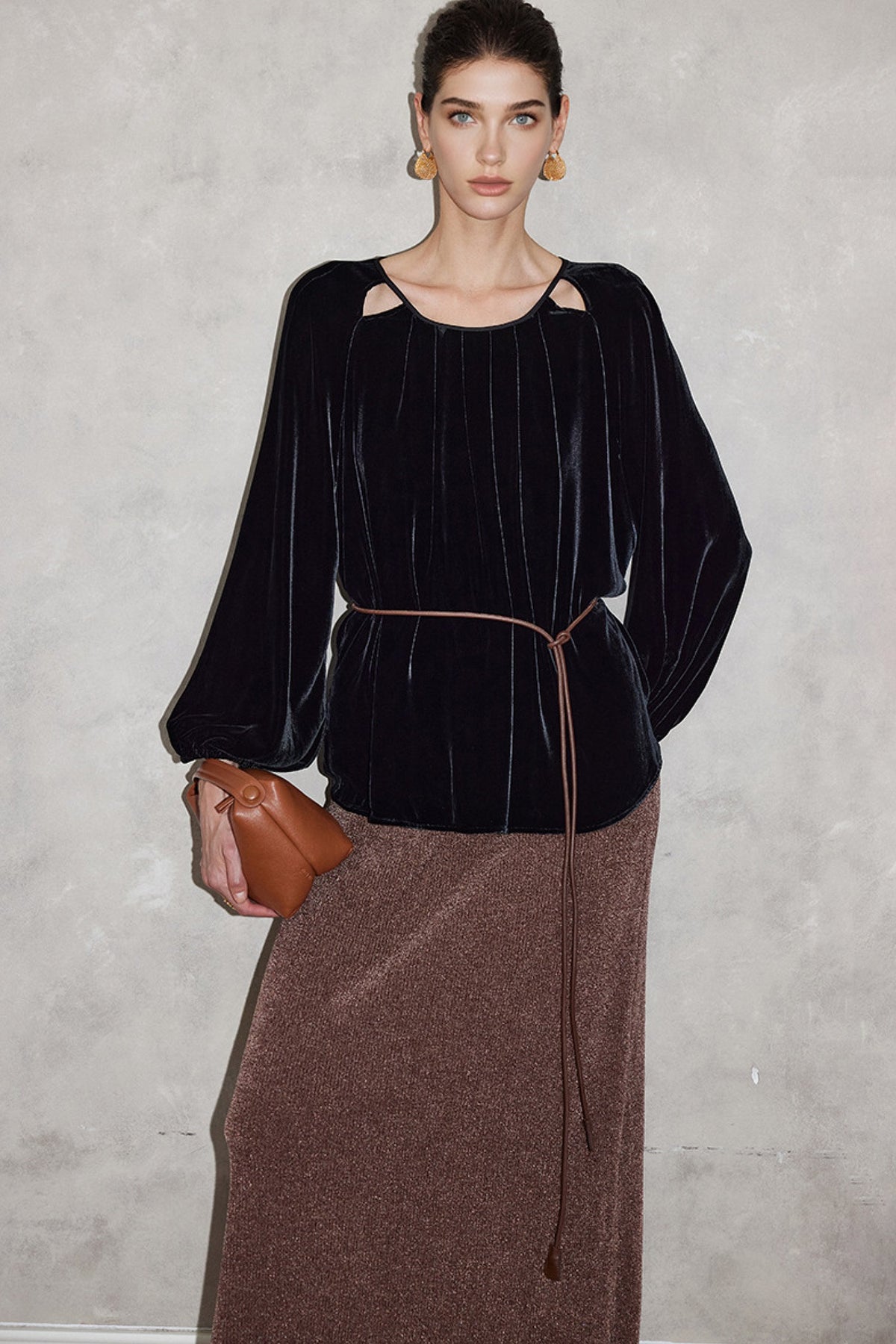 100% Silk Velvet Cutout Balloon Sleeve Blouse