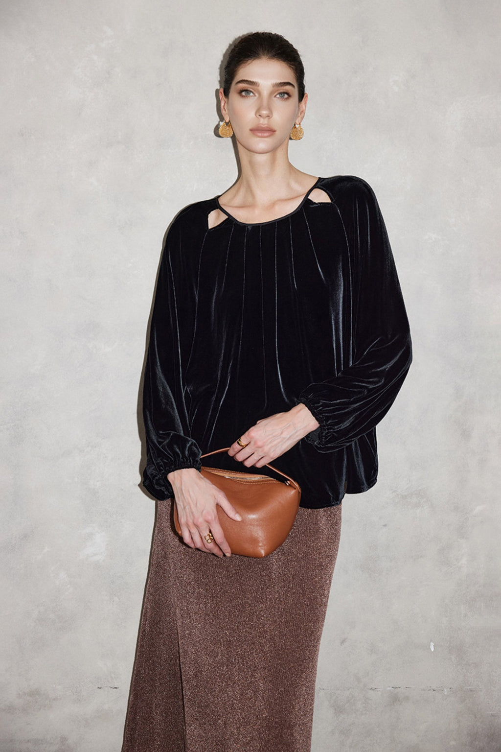 100% Silk Velvet Cutout Balloon Sleeve Blouse