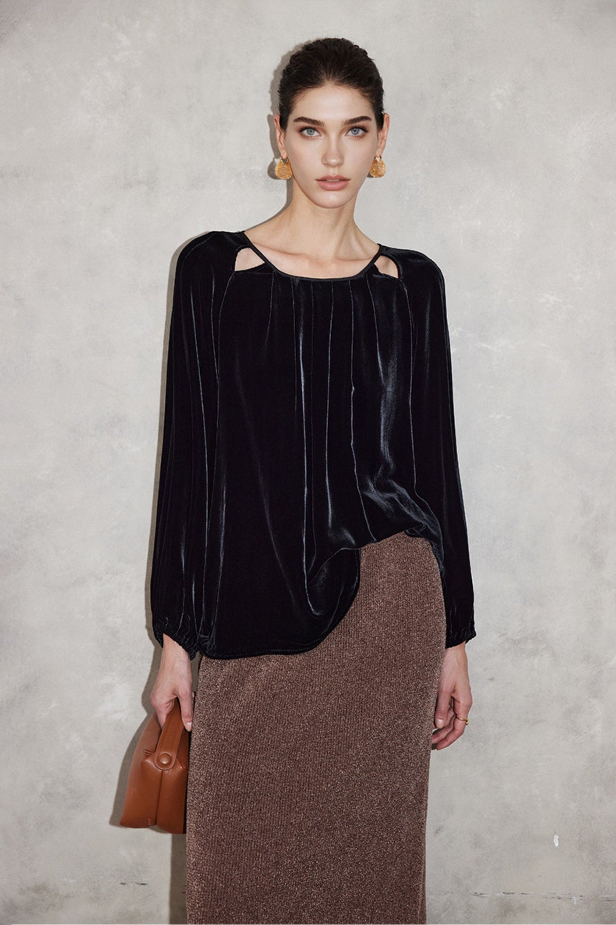 100% Silk Velvet Cutout Balloon Sleeve Blouse