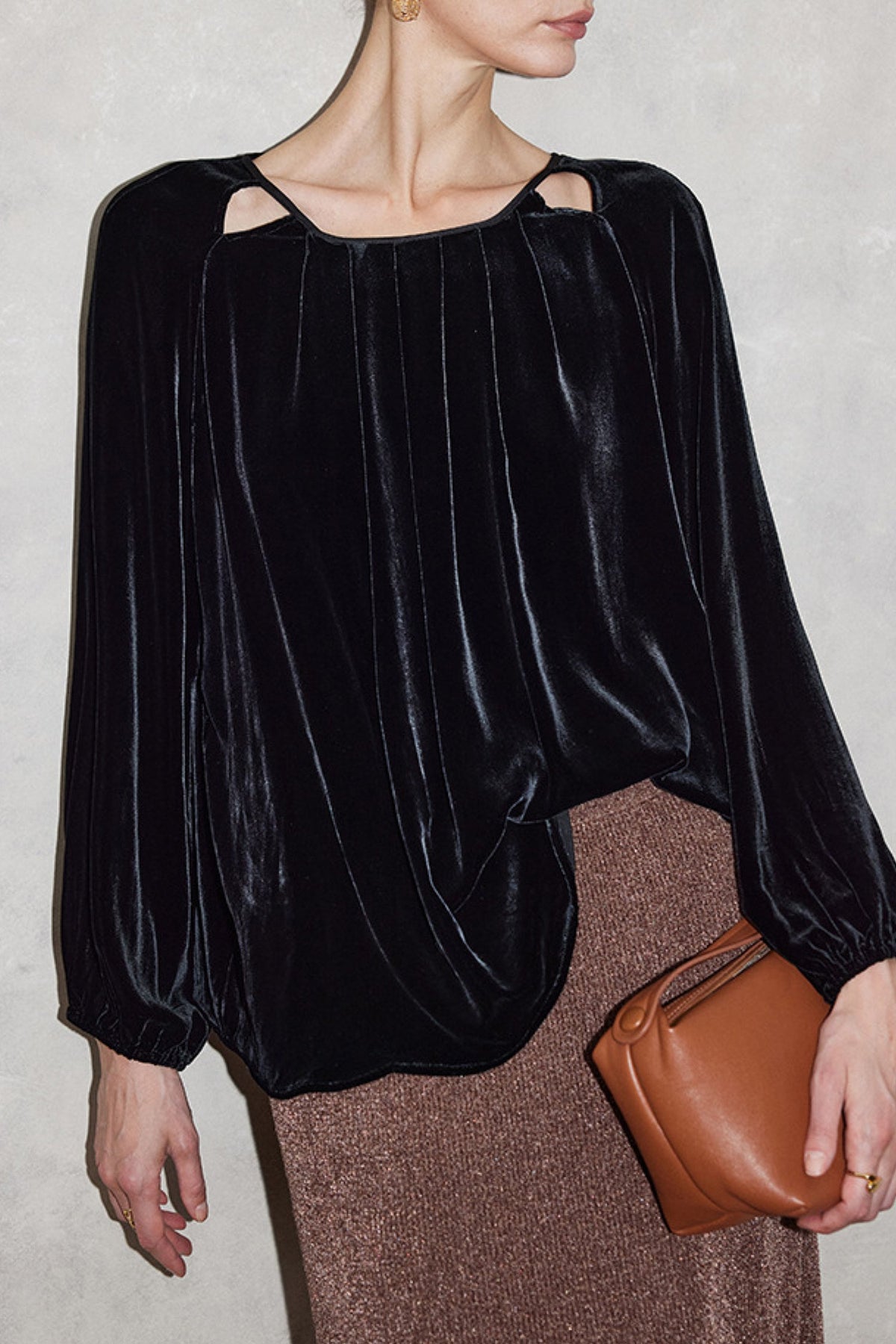 100% Silk Velvet Cutout Balloon Sleeve Blouse