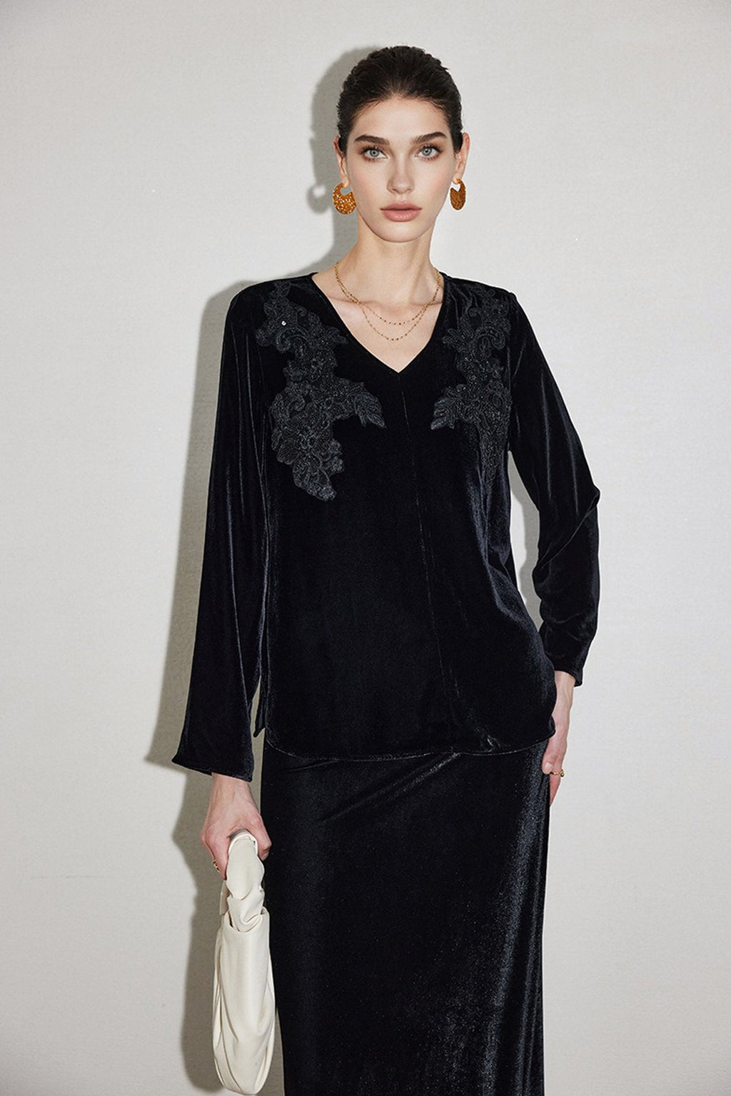 100% Silk Velvet Floral Embroidered V-Neck Blouse