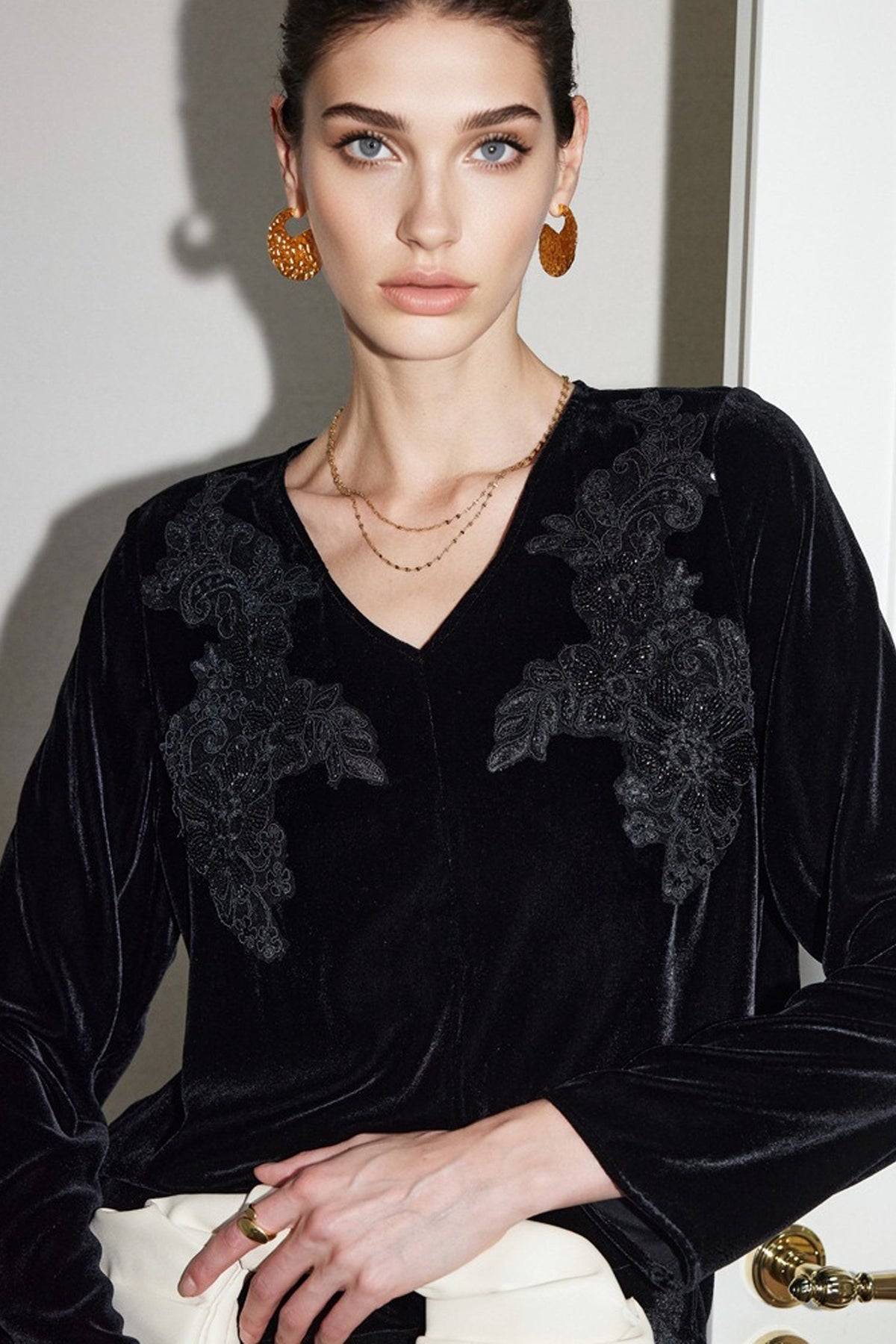 100% Silk Velvet Floral Embroidered V-Neck Blouse