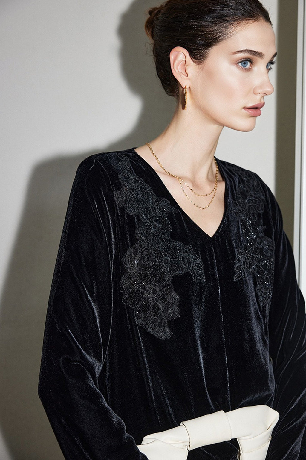 100% Silk Velvet Floral Embroidered V-Neck Blouse