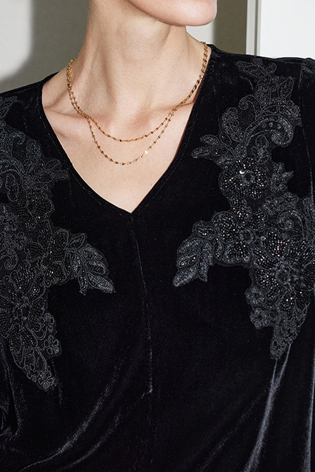 100% Silk Velvet Floral Embroidered V-Neck Blouse
