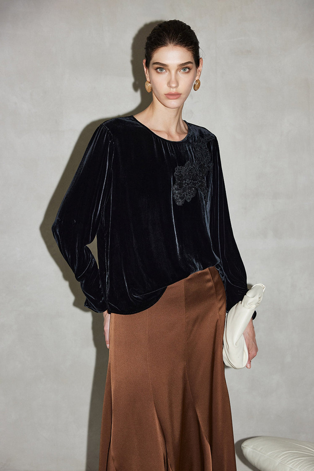 100% Silk Velvet Long Sleeve Embroidered Blouse