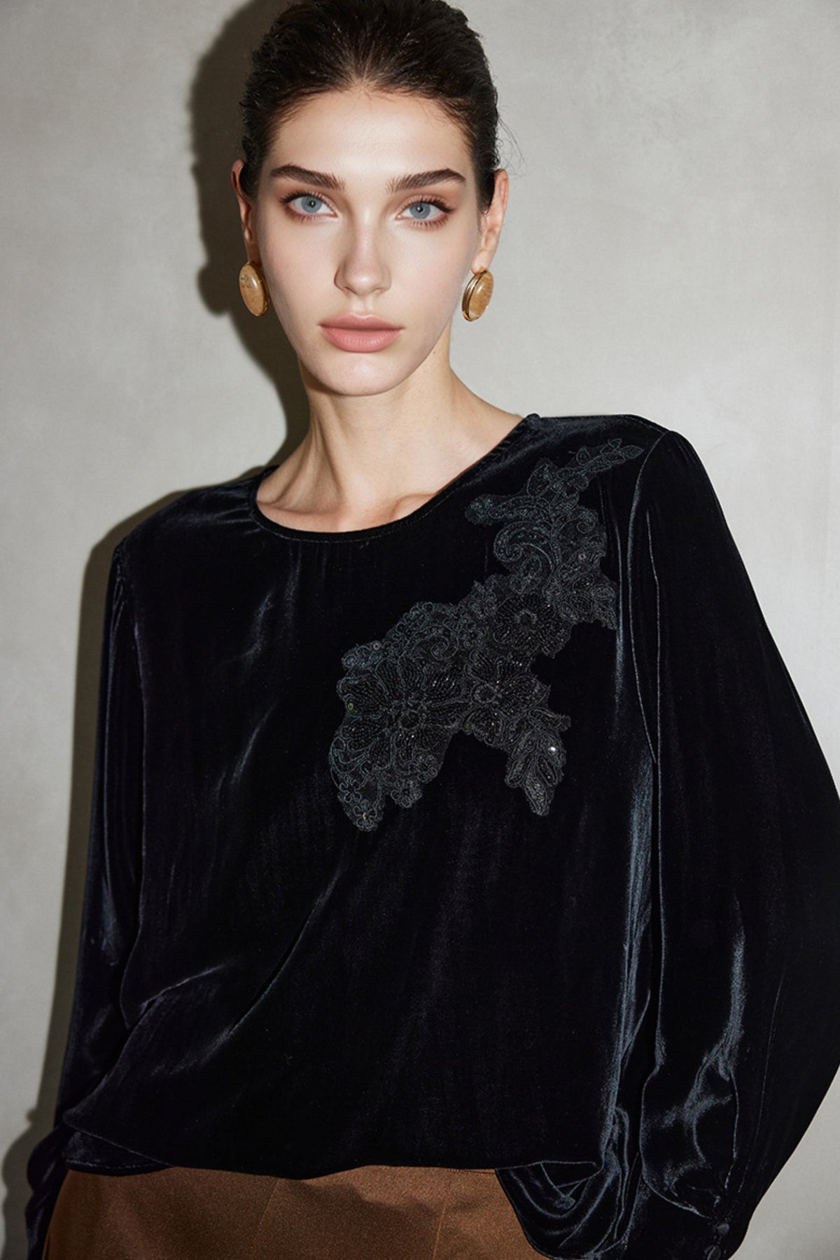 100% Silk Velvet Long Sleeve Embroidered Blouse