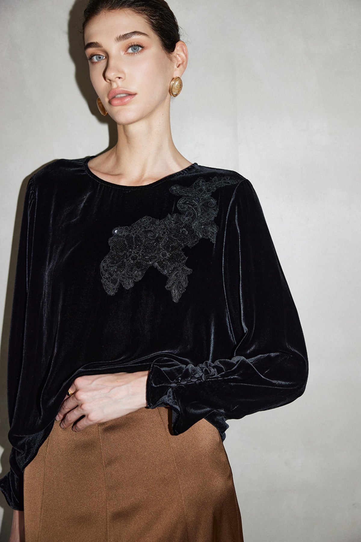 100% Silk Velvet Long Sleeve Embroidered Blouse