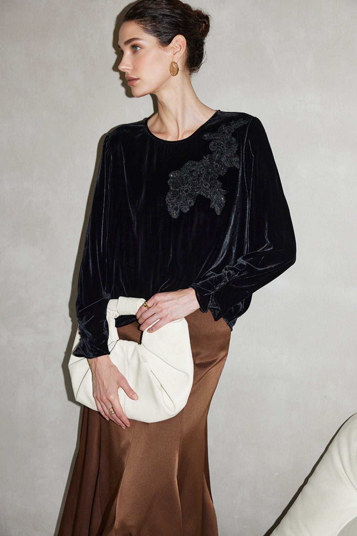 100% Silk Velvet Long Sleeve Embroidered Blouse