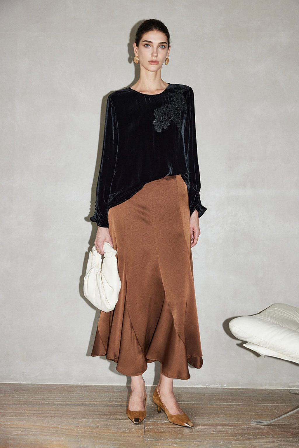 100% Silk Velvet Long Sleeve Embroidered Blouse